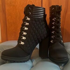 JustFab Black Quilted Lace-Up Combat High Heel Boots
